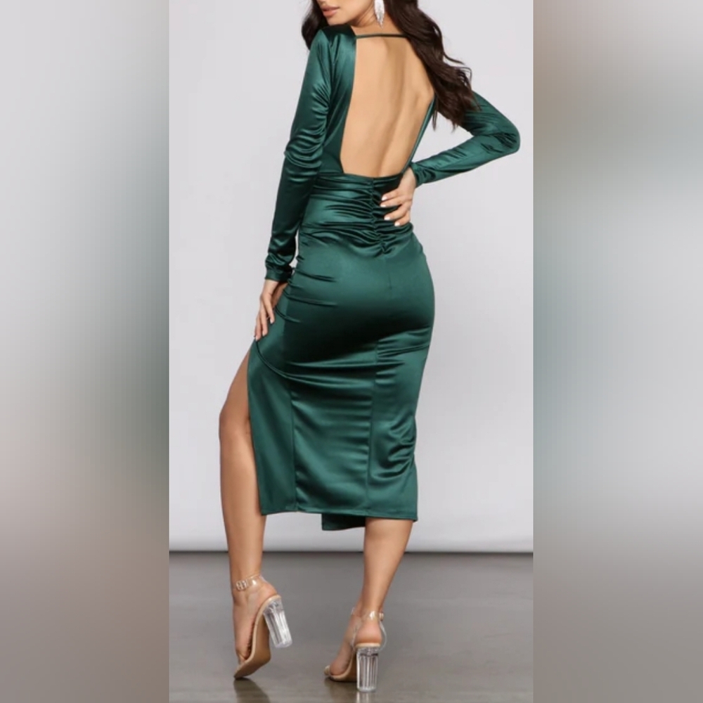 Windsor Emerald Satin Open-Back Midi Dress